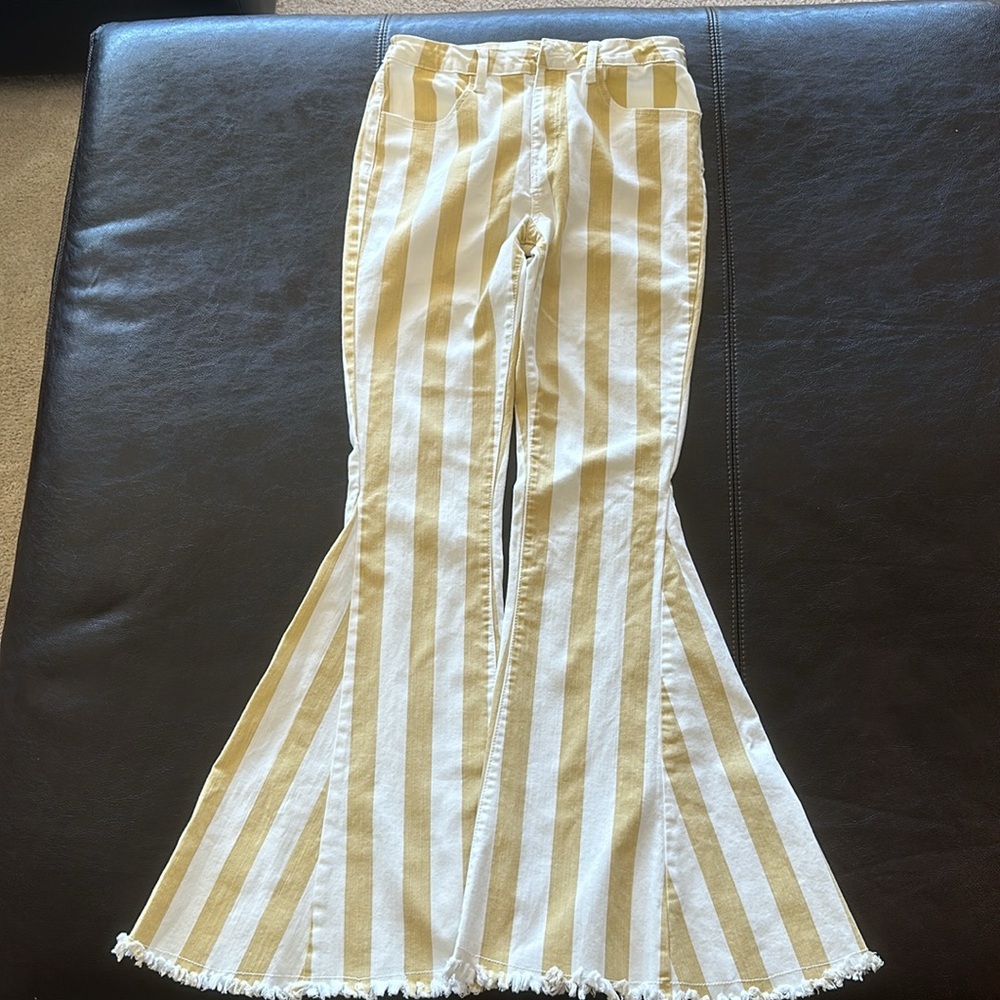 Judith March Yellow and White Striped Flare Pants